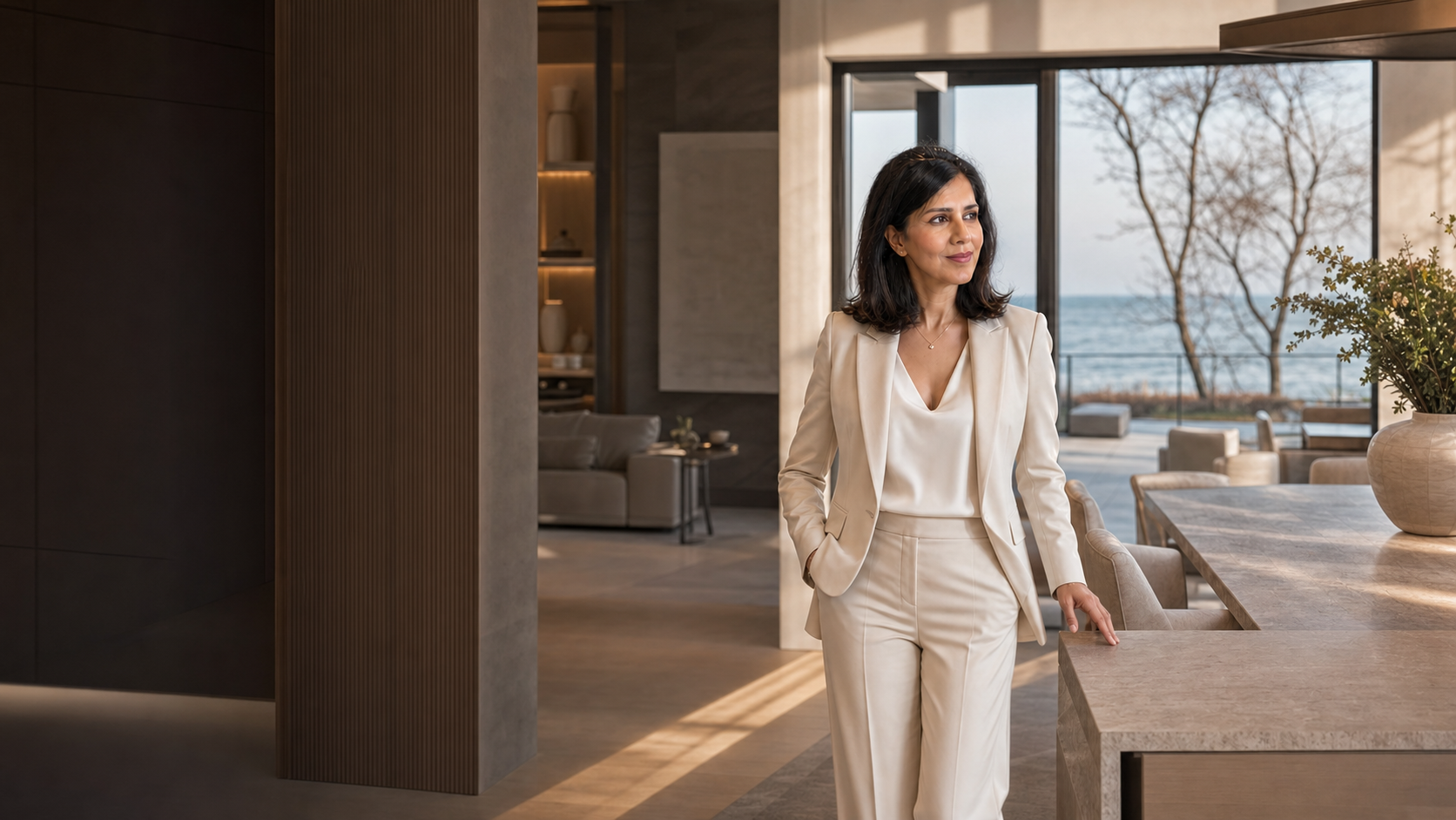 Naveeda Rana inside a refined lakefront residence