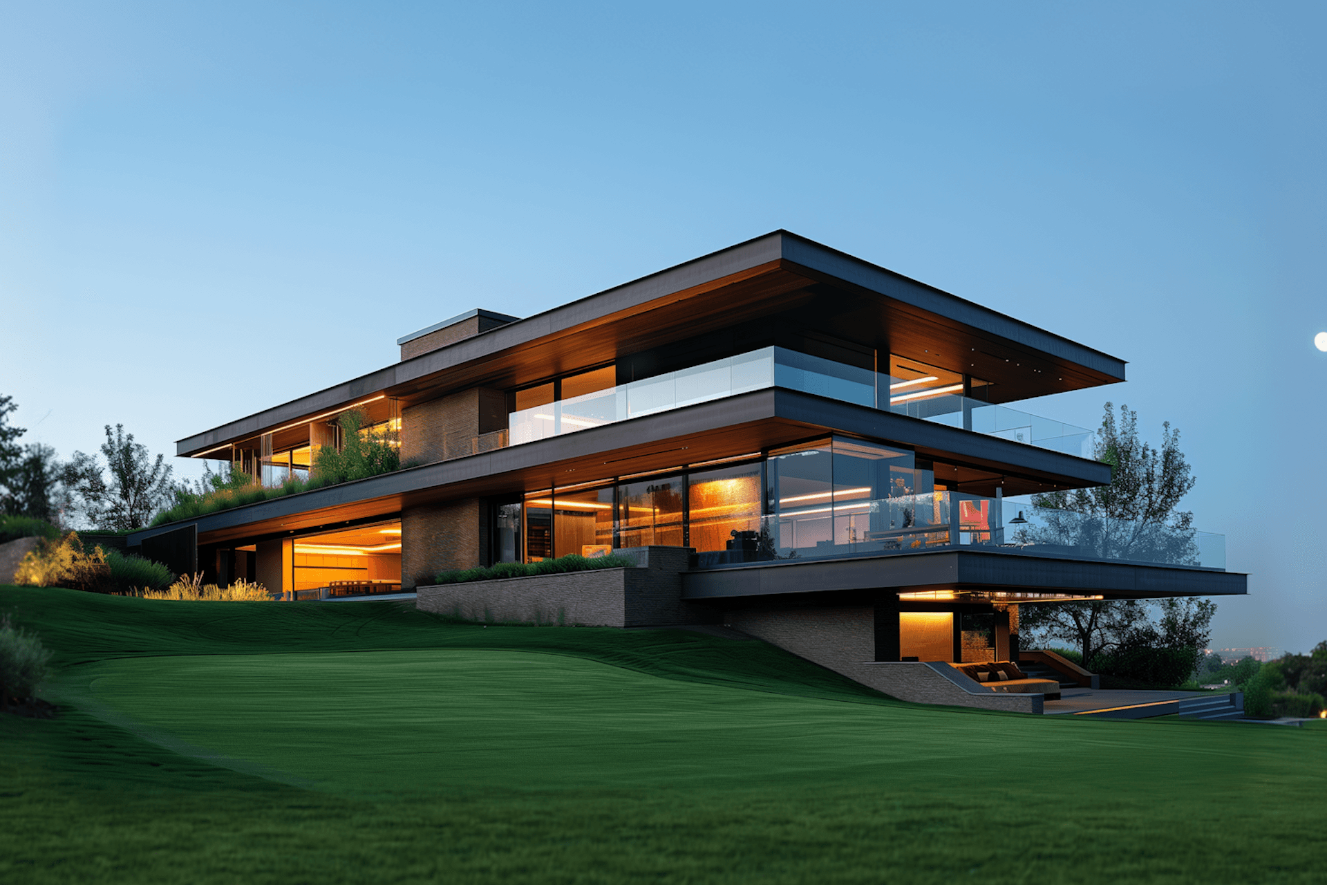 Blue-hour contemporary residence